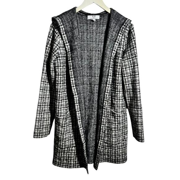 MAGASCHONI Women L Open Hooded Duster Black White Plaid Cardigan Pockets Preppy